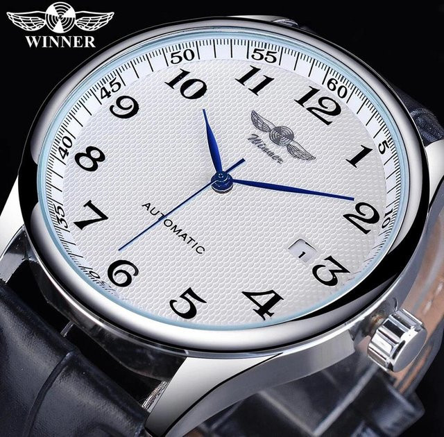 Winner Armbanduhr Automatik, Edelstahl, Weiß, Leder, Herren - Bild 1