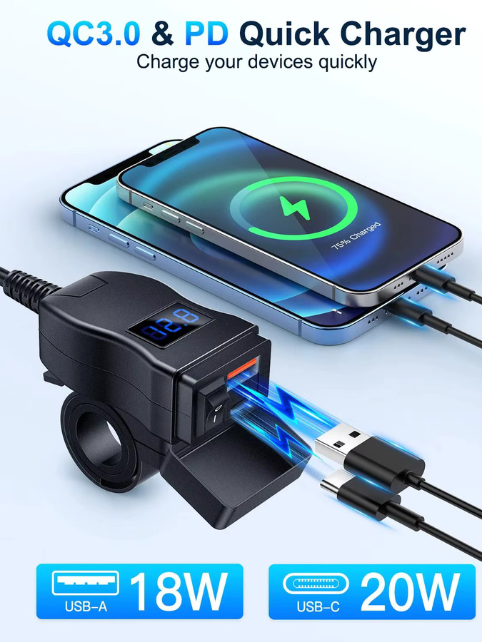 Wasserdichtes Motorrad USB Schnellladegerät mit USB Typ C, 12V Netzteil Adapter und Voltmeter in Schwarz oder Blau - Bild 6