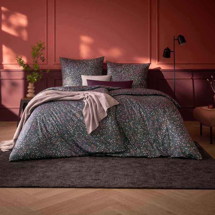 Estella Mako Jersey Bettwäsche Aline grau Blätterrispen Zweige mit Bettbezug und Kissenbezug, B/H: 155 x 220 cm und 80 x 80 cm - Bild 1