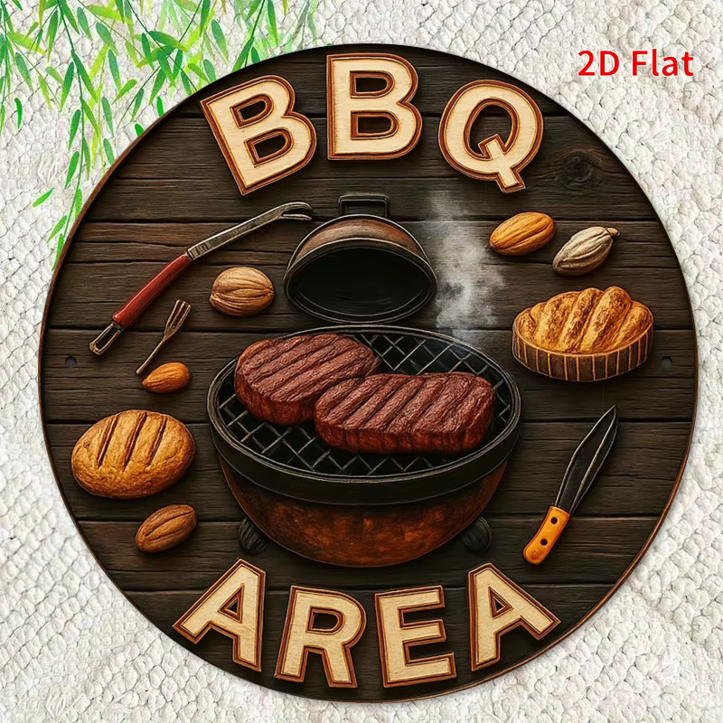 Potdemiel Vintage BBQ Area Schild aus Metall, Rundes Retro Grill Dekor mit Typografie, Durchmesser: 20,32 cm - Bild 4