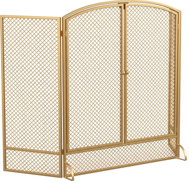 HOMCOM Kaminschutzgitter aus Metall, 3-teiliger faltbarer Funkenschutz mit Doppeltüren, Farbe: Gold, B: 122 cm, H: 75 cm - Bild 1