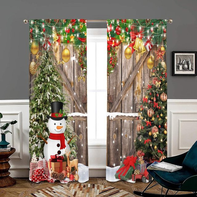 2er-Set Weihnachtsbaum und Schneemann Vorhänge für Tür und Fenster, Schwarz, B: 150 cm, H: 166 cm - Bild 1