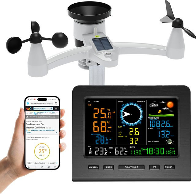 Urageuxy 8-in-1 kabellose Wetterstation mit WiFi-Synchronisierung und solarbetriebenem Außensensor zur Messung von Temperatur, Feuchtigkeit, Wind, Regen und Luftdruck - Bild 1