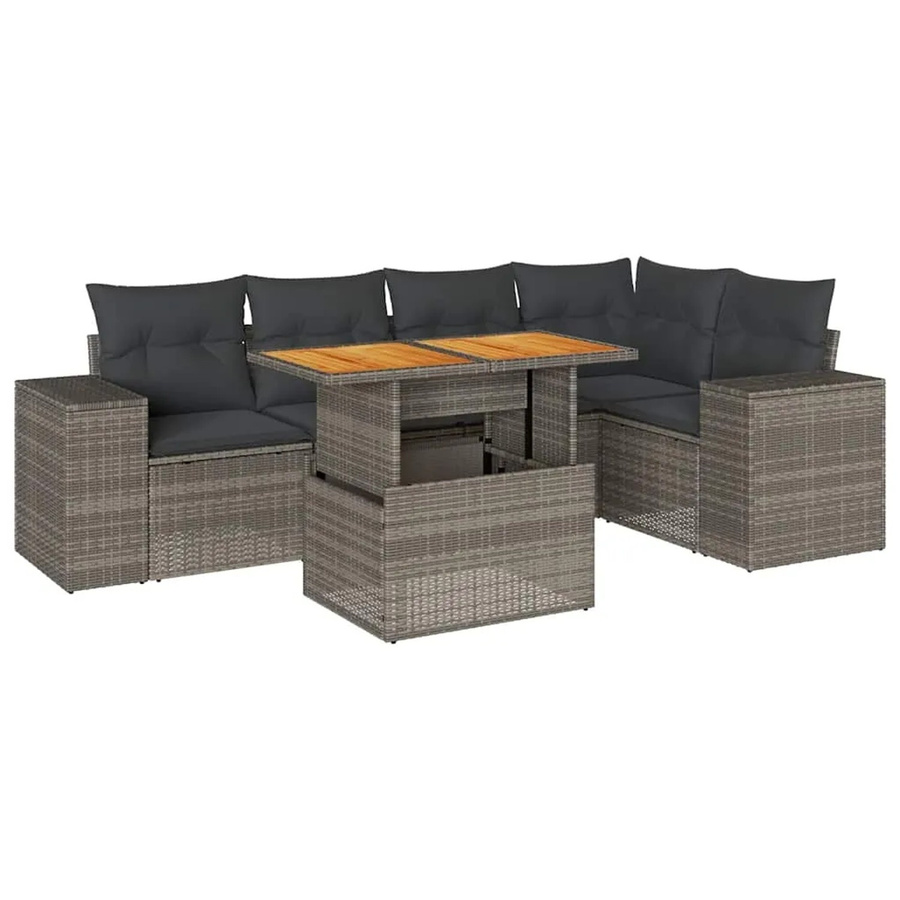 vidaXL 6-teilige Garten-Sofagarnitur aus Poly-Rattan und Akazienholz mit Kissen in Grau - Bild 2