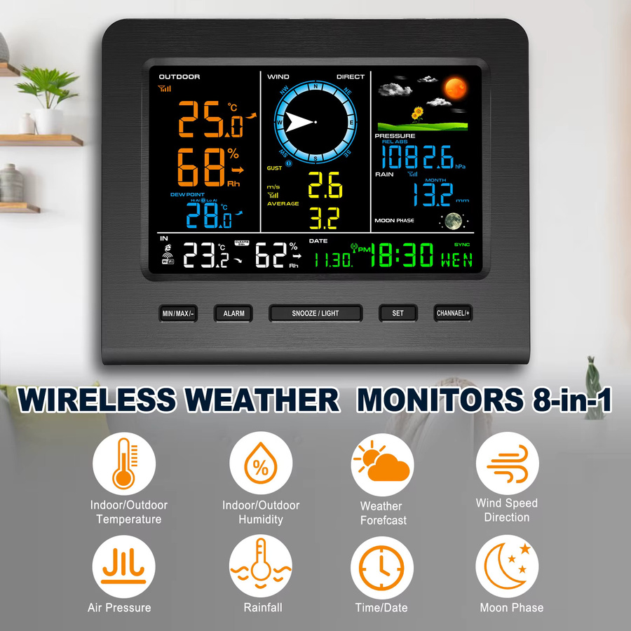 Urageuxy 8-in-1 kabellose Wetterstation mit WiFi-Synchronisierung und solarbetriebenem Außensensor zur Messung von Temperatur, Feuchtigkeit, Wind, Regen und Luftdruck - Bild 2