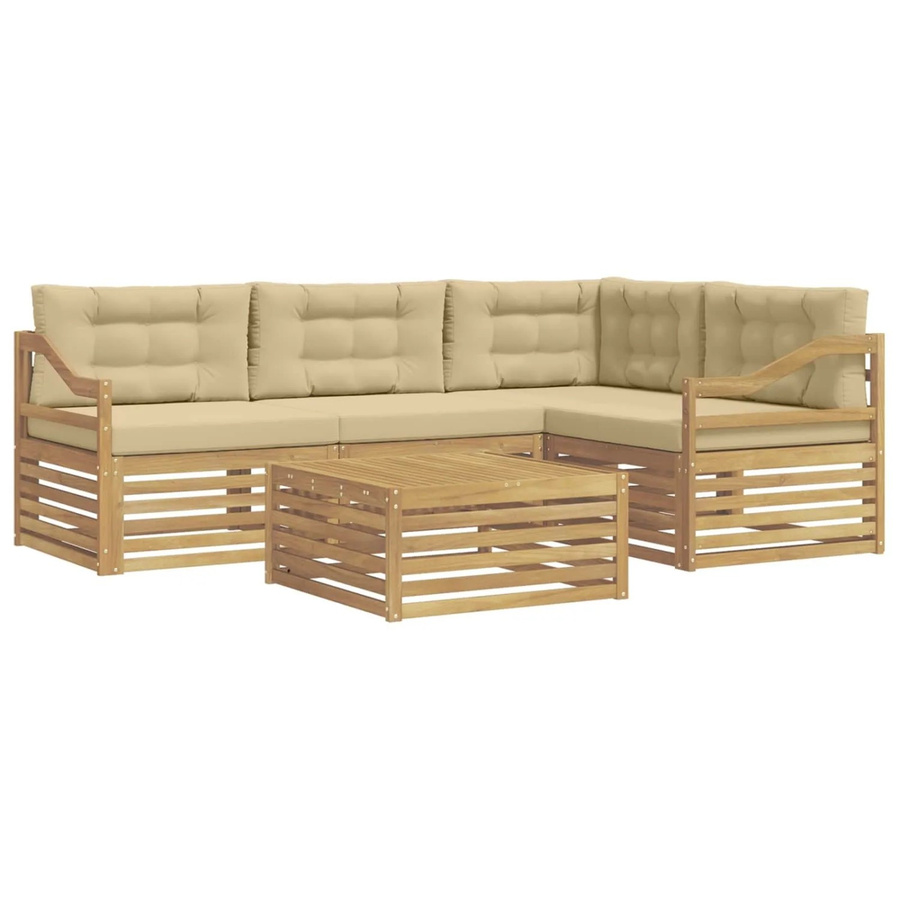 vidaXL Outdoor-Sofagarnitur 5-teilig in L-Form mit Kissen und Couchtisch, Weiß und Beige, aus Akazienholz und UV-beständigem Polyester - Bild 2