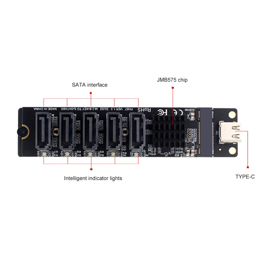 VODOOL USB-C zu 5-Port SATA 3.0 Adapterkarte mit JM575+JMS580 Chip, 6Gbps Erweiterungskarte, Schwarz - Bild 4