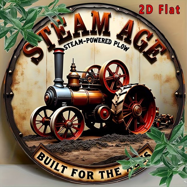 Potdemiel Vintage Steam Age Traktor Metallschild rund, rustikale Wandkunst aus Aluminium, Durchmesser: 19,81 cm, Mehrfarbig - Bild 1
