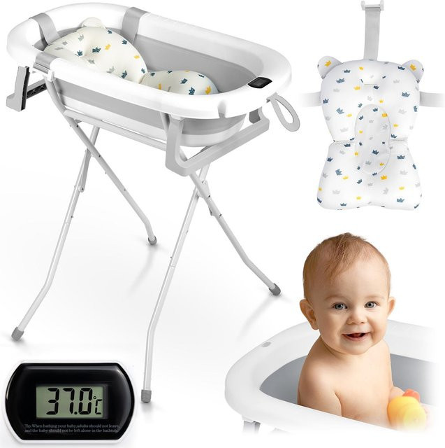 Faltbare Badewanne für Kinder und Säuglinge von Ricokids RK-287 in Weiß und Grau mit Gestell, Thermometer und Neugeborenen-Einsatz, BPA-frei und rutschfest - Bild 1