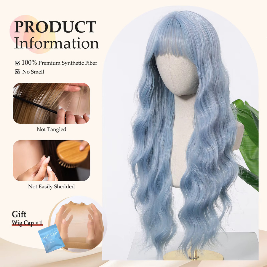 Allbell Magique Haarperücke mit Pony, lange gewellte synthetische Perücke, Blau, Damen - Bild 3