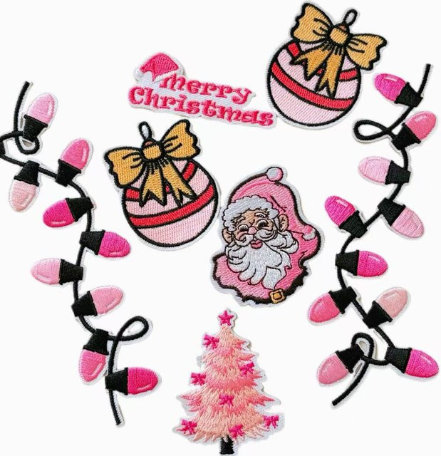Rosa Weihnachts-Aufnäher zum Aufbügeln mit funkelnden Lichtern, Schleifen, Weihnachtsmann, Baum und Glocken in Pink und Multicolour für dein DIY-Zubehör - Bild 1