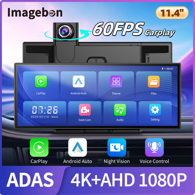 Imagebon H70 Plus Dashcam mit 11,4 Zoll Display, Dual-Linsen, 60FPS, kabellosem CarPlay & Android Auto, ADAS und GPS-Navigation, Schwarz - Bild 1