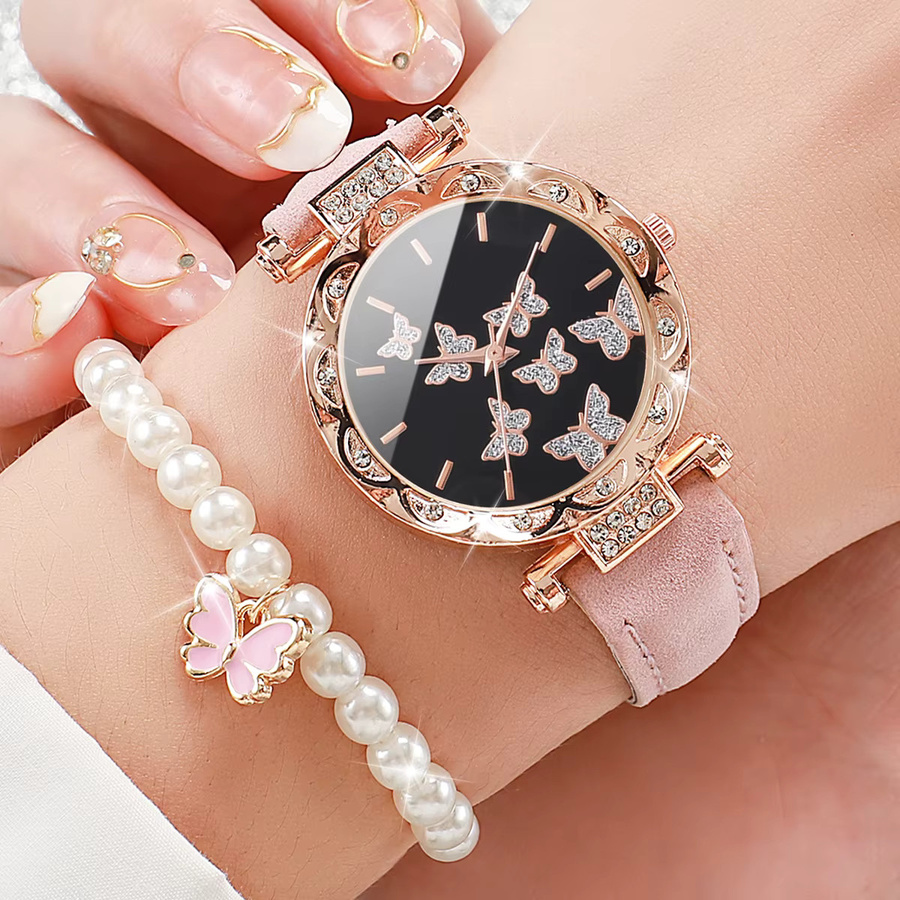 Schmuck-Set mit Armbanduhr, Schmetterling, Roségold, Leder, Zirkonia, Perle, Damen - Bild 2
