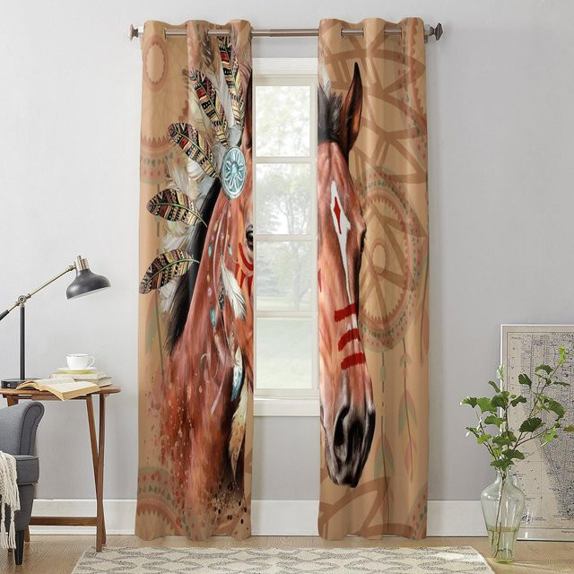 Luxuriöser Volant-Fenstervorhang von Super Six mit Pferde- und Indianerfedern Motiv in Beige, B/H: 135 x 60 cm - Bild 1