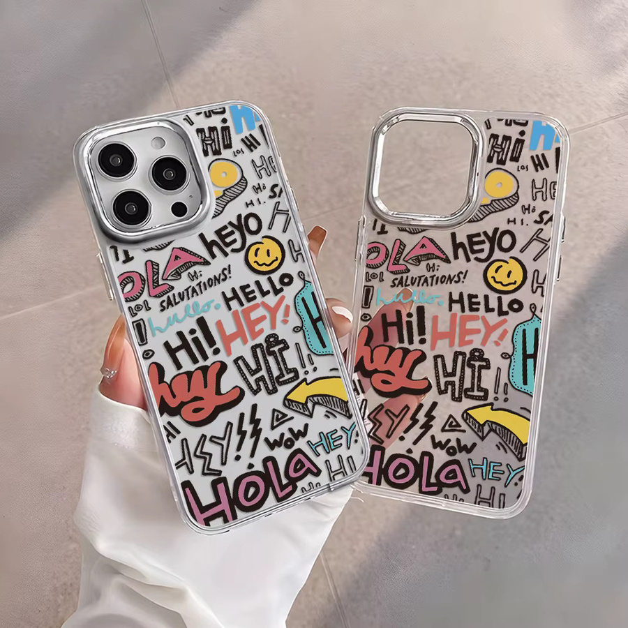 Stoßfeste Silikon Handyhülle mit Cartoon Reise Graffiti Design für Apple iPhone 17 Pro Max, 16, 15, 14, 13, 12, 11 in Silber mit Linsenrahmen - Bild 5