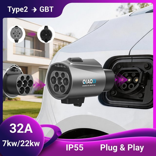 QIAO EV-Ladeadapter Typ 2 auf GB/T 32A 7kW 22kW IEC62196 Ladekonverter für chinesische Standardfahrzeuge mit Doppelstecker - Bild 1