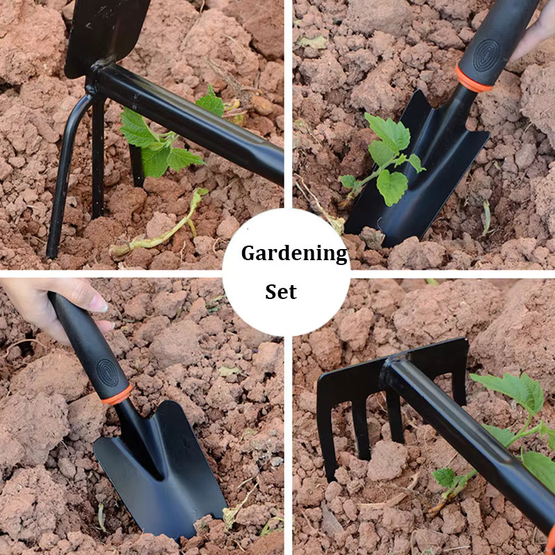 Vierteiliges Gartenwerkzeug-Set mit Blumenschaufel, Hacke und fünfzahnigem Rechen mit schwarzem Gummigriff - Bild 1
