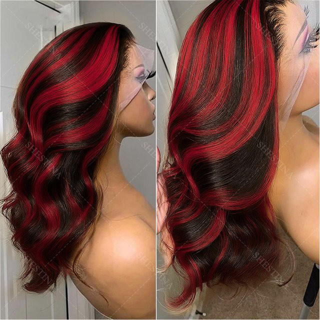 Wig Queen Lace Front Perücke, Echthaar Brasilianisch, Ombre Schwarz mit rotem Highlight, Unisex - Bild 1