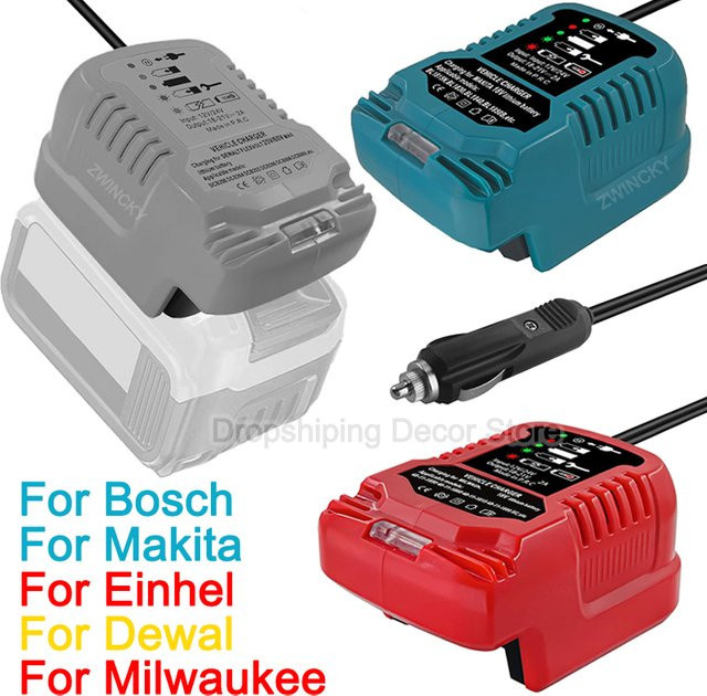 BSIDE Kompakt-Ladegerät für 18V Akkus von Makita, Dewalt, Milwaukee und Bosch mit Zigarettenanzünder-Stecker und Anzeige für das Auto - Bild 1