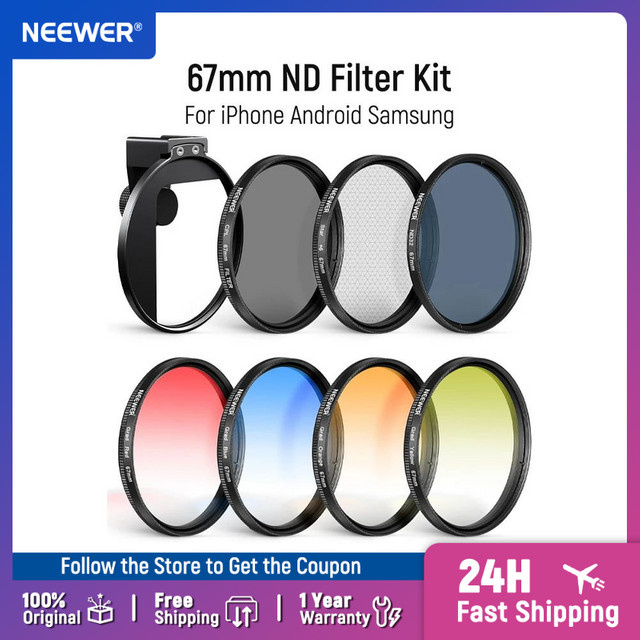 NEEWER 67mm ND-Filter-Set mit Cold Shoe Handyfilter-Clip kompatibel mit iPhone 17 16 und Android Samsung Galaxy S26 Ultra - Bild 1