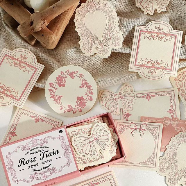 Old Dream Notizkarten mit rosa Spitzenrand, 30 Blatt geprägtes Journaling-Papier in Pink und Weiß - Bild 1