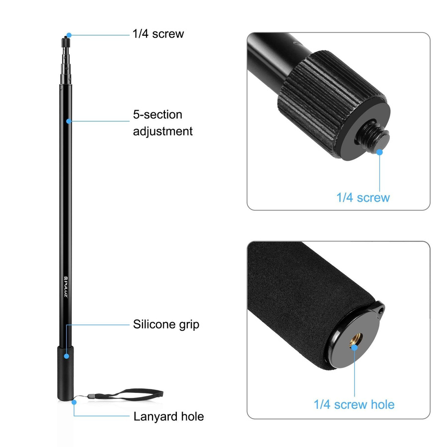 PULUZ Tragbarer Selfie-Stick aus Aluminiumlegierung, teleskopierbarer Selfie-Ständer, Schwarz, 3 Meter - Bild 3