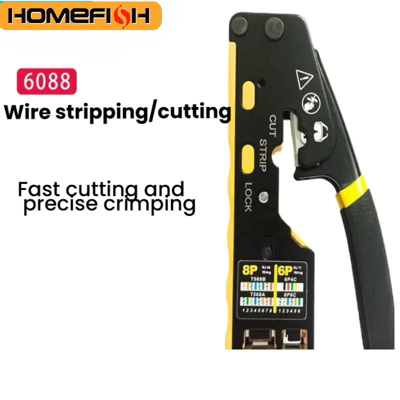 HOMEFISH 6088 Multifunktionale Crimpzange für Durchgangsverbinder 8P6P Dual-Use-Zange für RJ45-Punch-Down und RJ45-Kristallstecker in Gelb-Schwarz - Bild 2