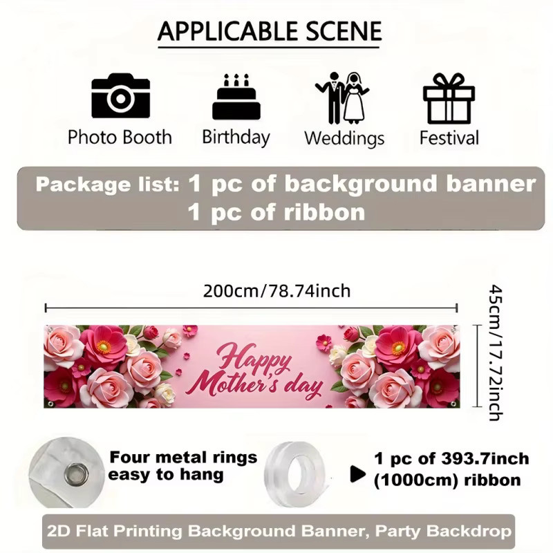 VIKAMA Muttertagsbanner mit Rosen-Blumen-Design als dekorativer Hintergrundstoff für Gartenpartys und Feiern, B/H: 180 x 35 cm - Bild 4
