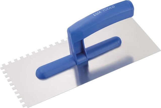 LUX-TOOLS Glättekelle aus Edelstahl in Blau mit 6 mm Zahnung, Länge: 27 cm - Bild 1