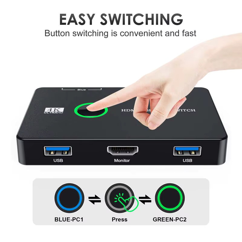 OULLX USB KVM Switch Box mit HDMI und USB 3.0 für 2 Geräte, Schwarz - Bild 3