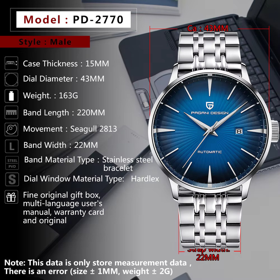 PAGANI DESIGN Armbanduhr Automatik, Edelstahl, 43 mm, Herren, Weiß - Bild 6