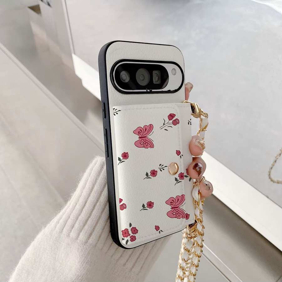 Multifunktions Handyhülle aus PU-Leder mit rosa Schmetterling-Metallkette und Kartenhalter für Google Pixel 6, 7, 8, 9 und 10 Pro X in Pink und Weiß - Bild 2