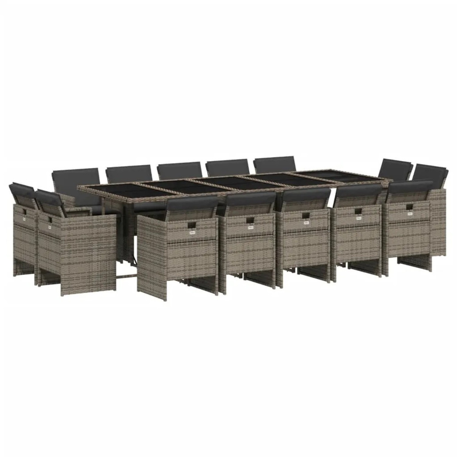 vidaXL 15-teilige Garten-Essgruppe aus Poly-Rattan mit Kissen in Grau und Hartglas-Tischplatte - Bild 2