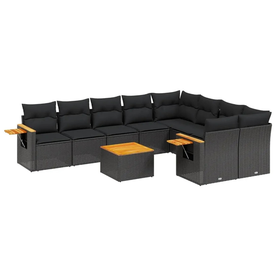 vidaXL 10-tlg Garten-Sofagarnitur aus Poly-Rattan und Akazienholz in Schwarz mit UV-beständigen Kissen - Bild 2