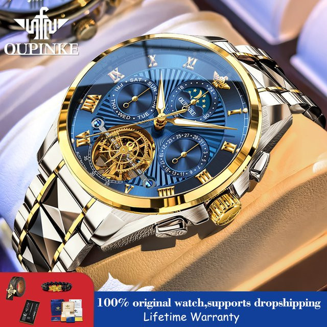 OUPINKE Armbanduhr, Automatik, Edelstahl, Mondphase, Herren, Blau, Gold - Bild 1