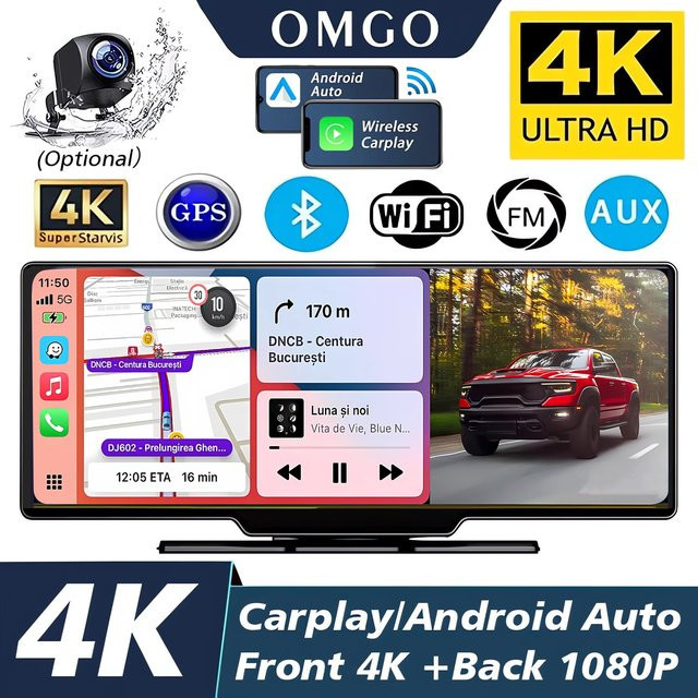 OMGO Dashcam Rückspiegel mit 10,26 Zoll Display, 4K 2160P Auflösung, CarPlay, Android Auto, GPS, WLAN und Bluetooth, Farbe: Schwarz - Bild 1