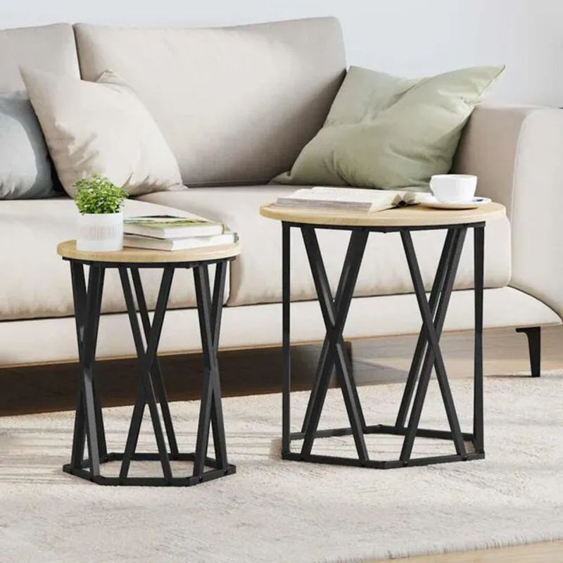 Vidaxl Couchtisch Set 2 Stück im Industrial Design, Rund, Eiche Natur und Schwarz, B/T/H: 50 x 50 x 50 cm - Bild 1