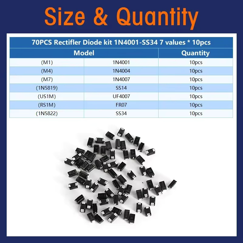YTDMEN Schottky-Dioden-Kit mit 1N4001, 1N4004, 1N4007, 1N5819, 1N5822, M1, M4, M7, SS14, SS34, RS1M, US1M in Schwarz - Bild 2