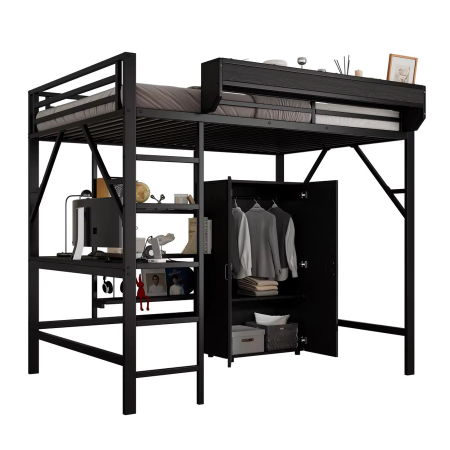 PINGGO Eisen-Hochbett mit Schreibtisch und Kleiderschrank in Schwarz, B/T/H: 140 x 200 cm, aus Eisen und MDF - Bild 2