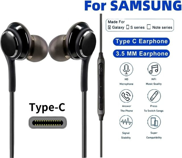 Samsung USB-C In-Ear-Kopfhörer mit HiFi Bass Stereo in Schwarz für Galaxy S24 S23 S22 A53 A52 Note 20 - Bild 1