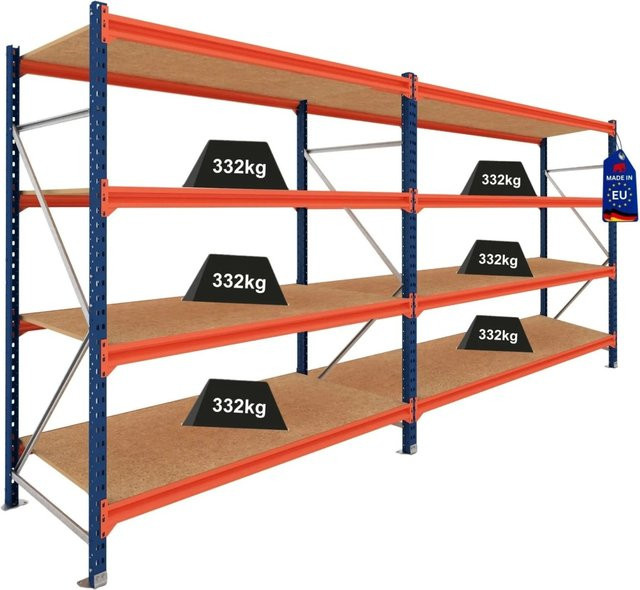 PROREGAL Schwerlastregal DOMINUS Weitspannregal mit 2 Feldern und 4 Ebenen, Blau/Orange, B/H/T: 480 x 200 x 100 cm - Bild 1