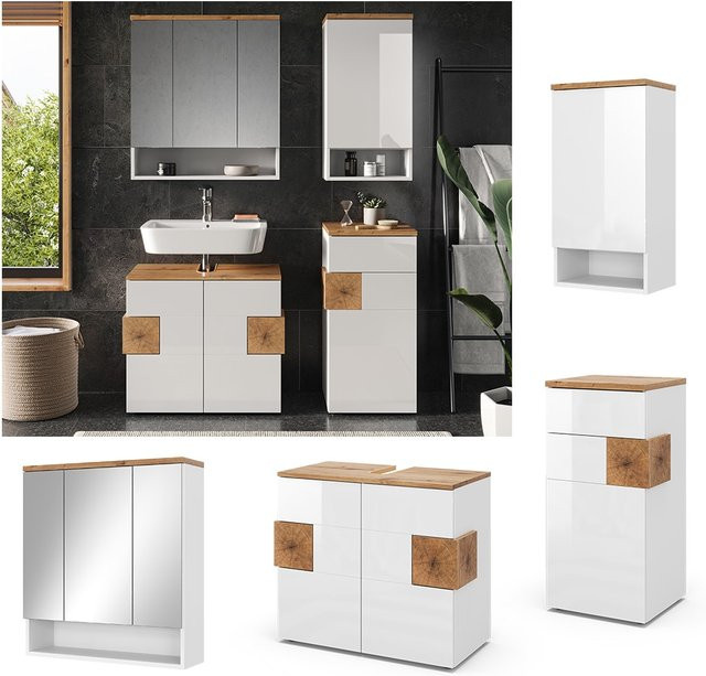Vicco Badmöbel-Set Eden in Weiß, modernes 4-teiliges Badezimmer-Set mit Waschbeckenunterschrank, Spiegelschrank, Hängeschrank und Midischrank - Bild 1
