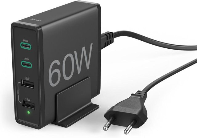 Hama USB-Ladestation 60W mit 4 Ports, 2x USB-C und 2x USB-A, PD Schnellladegerät, Schwarz - Bild 1