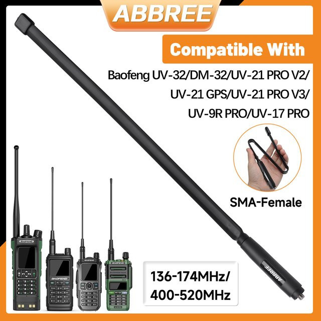 ABBREE CS Taktische Dual Band VHF UHF Antenne mit SMA-Buchse, faltbar, Schwarz, passend für Baofeng UV-32 DM-32 UV-21 PRO UV-9R PRO Walkie Talkie - Bild 1
