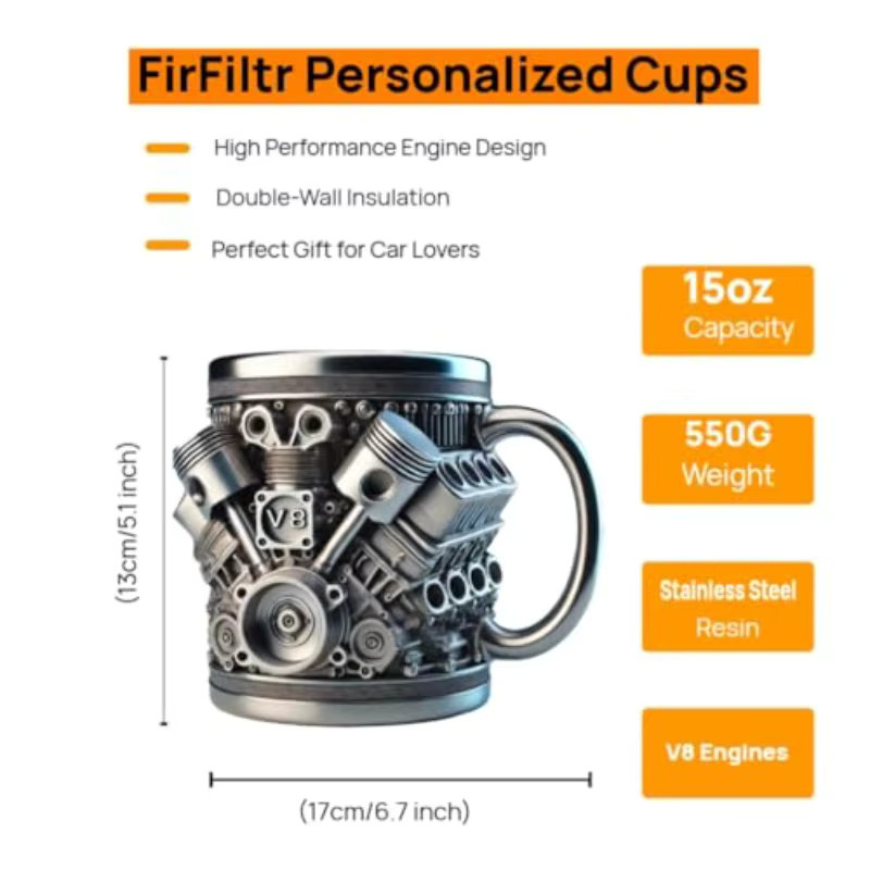 XMSJ 3D V8 V6 Motor Kaffeebecher aus Edelstahl in Silber, isolierter Becher für Mechaniker und Auto-Liebhaber - Bild 2