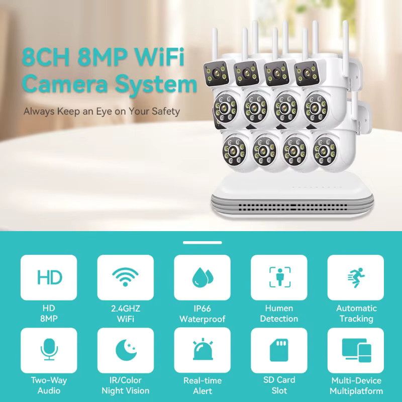 HAMROLTE 8MP WiFi CCTV-System NVR Kit Sicherheits-Set mit zwei IP-Kameras, Zwei-Wege-Audio und Dual-Objektiv, Farbe: Weiß - Bild 4