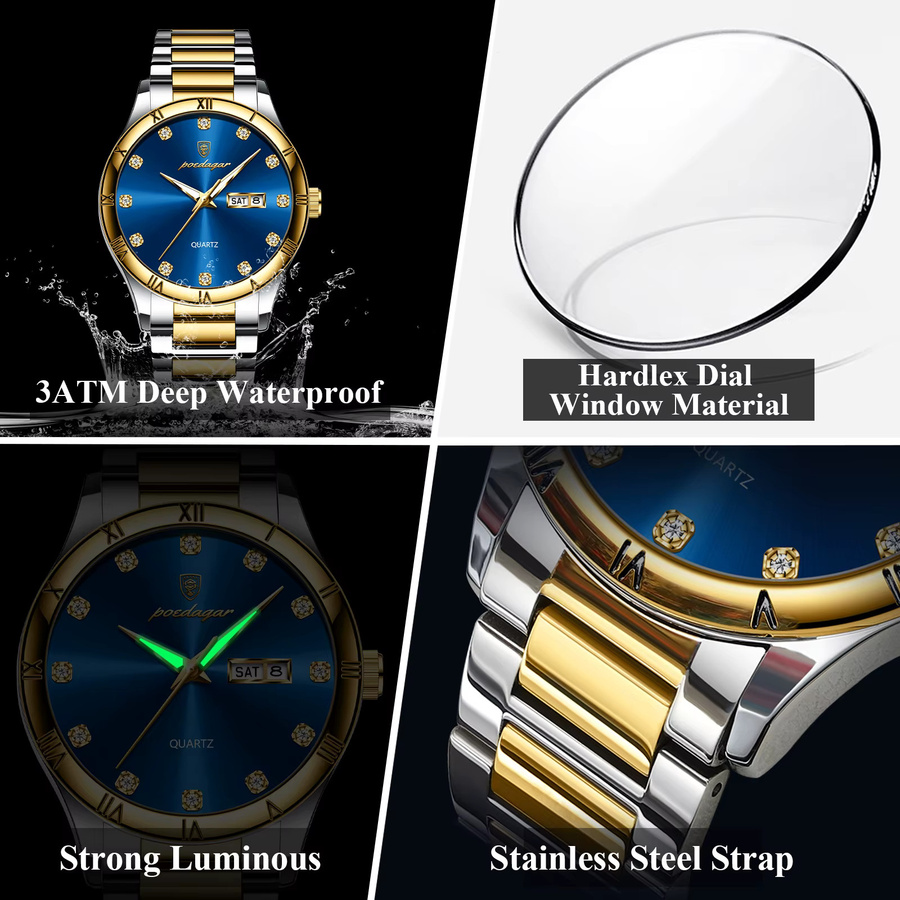 POEDAGAR Armbanduhr Quarz, Edelstahl, Silber, Herren, Datum, Wochentag - Bild 4