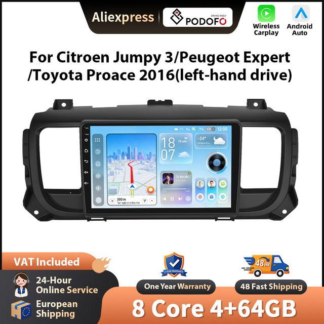 Podofo Kabelloses CarPlay Autoradio mit Android Auto, GPS, WiFi und Bluetooth für Citroen Jumpy 3, Peugeot Expert und Toyota Proace in Schwarz - Bild 1