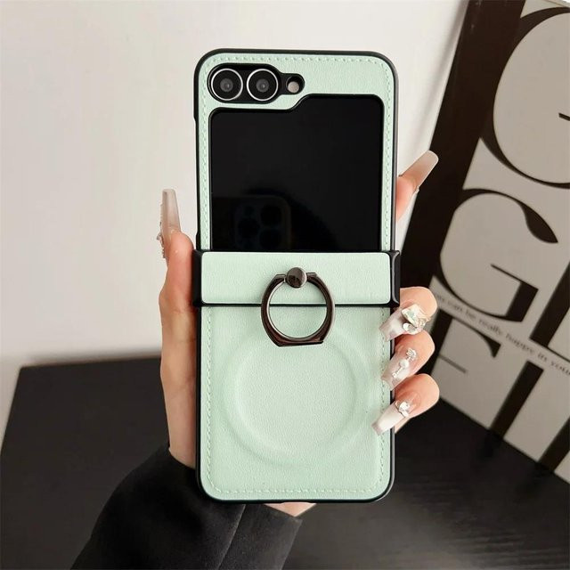 Magnetische Leder-Handyhülle mit Ring-Scharnier-Schutz für Samsung Galaxy Z Flip 6 5 4 3 in Grün - Bild 1