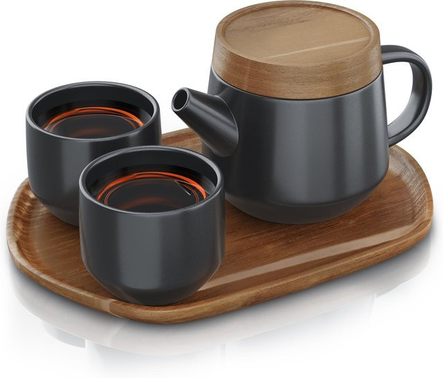 Arendo Teeservice aus Keramik und Porzellan in Schwarz, 5-tlg. Set im japanischen Design mit Teekanne (0,6 l), Teesieb, 2 Tassen und Tablett - Bild 1